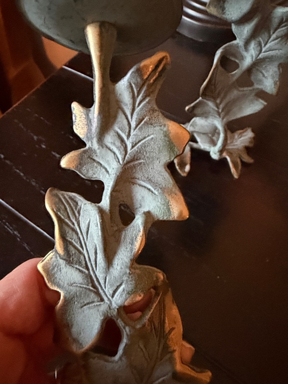 Partylite Leaf Motif Metal Candle Holders in Aged Green - Picture 3 of 3